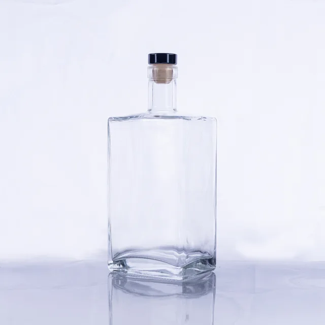 Transparent flat square vodka whisky glass empty wine bottle 750ml stopper set with seal caps