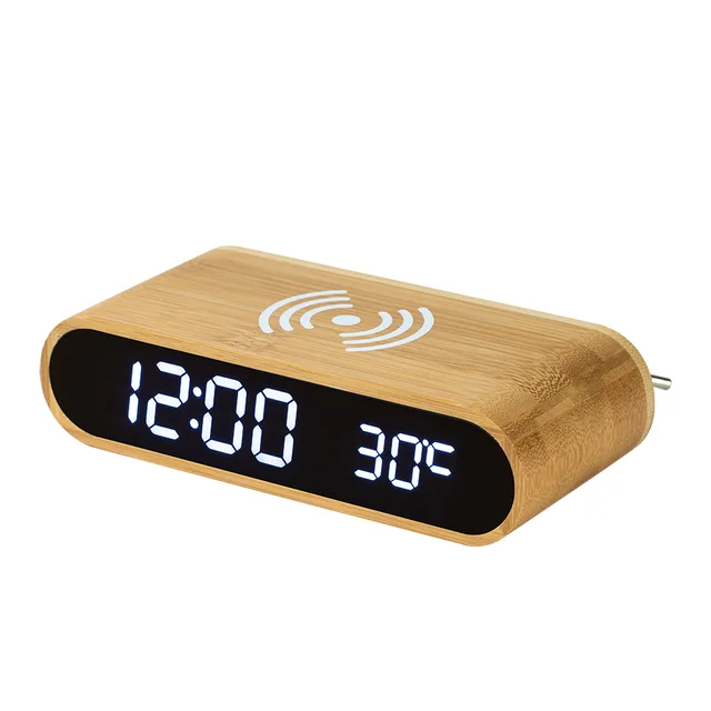 Hot-sale Eco-friendly Multifuctional Wireless Phone charger Bamboo LED Alarm Clock ET5035