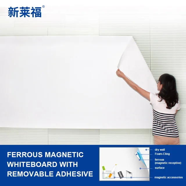 Ferrous magnetic whiteboard with removable adhesive