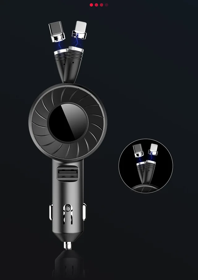 Quick Charge Car Charger, Magnetic Car Adapter with Stretchable Cable and 3 in 1 Fast Charging Cord