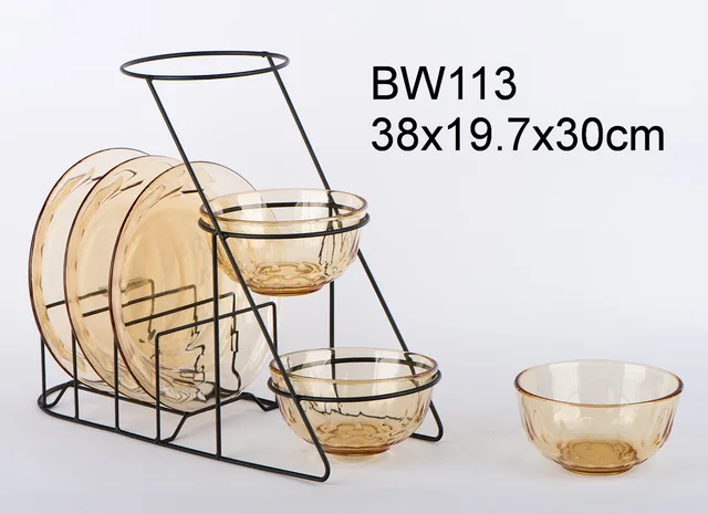 6pcs color glass plates and salad bowl set with metal rack