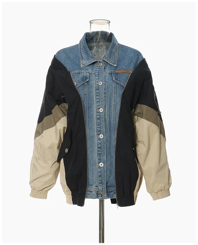 Custom Patchwork Bomber Denim Women's Jacket Vintage Zip Women's Jacket Casual Loose Denim Jacket