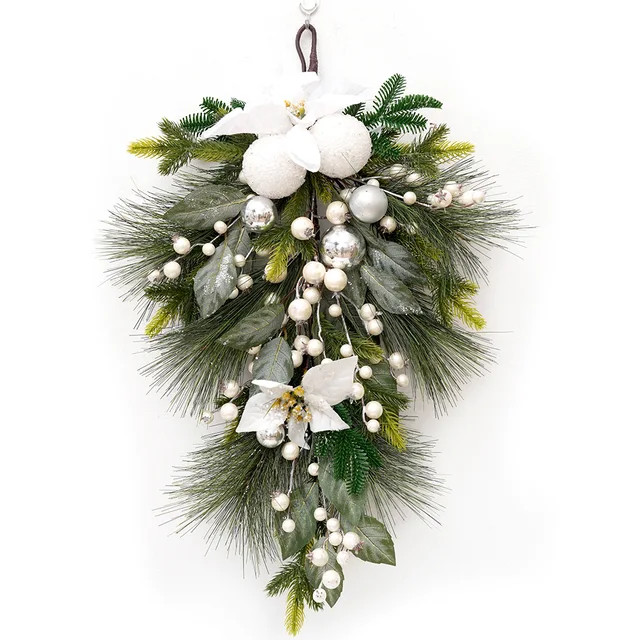 Transworld Christmas Decor Teardrop Swag Artificial White Flower Fruit Drop Door Hanger
