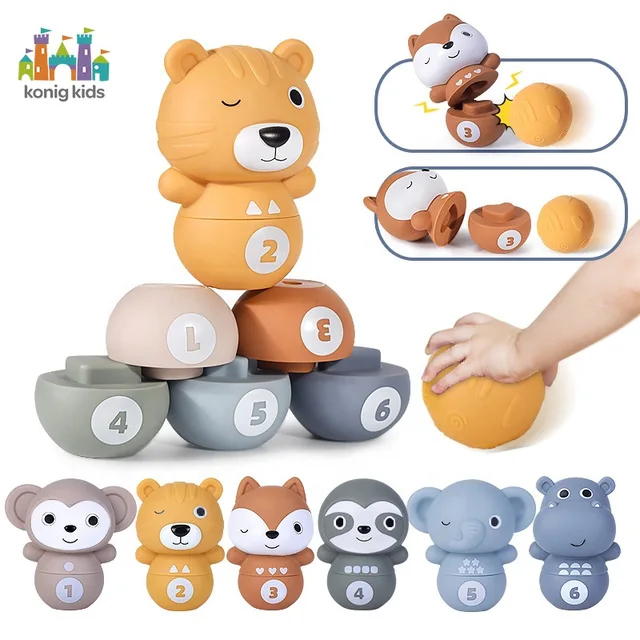 Konig Kids 2 in 1 Bowling &Stacking Play Set Custom Toy Manufacturer Soft Rubber Baby Stacking Toys