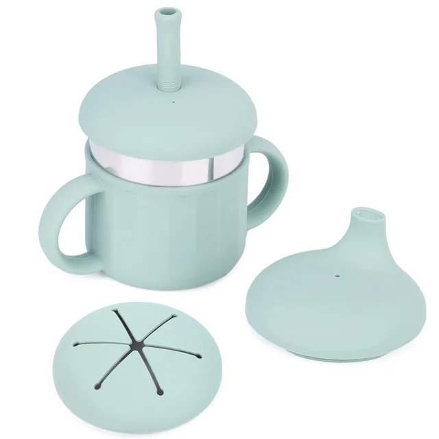 Food Grade Silicone 304 Stainless Steel Kids Water Cup Baby Sippy Cups Training Cup With Straw