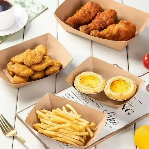 Food Grade Kraft Paper Box-Foldable Boat Style Cardboard Box Packaging for Serving Storage