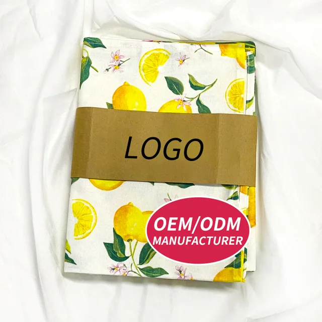 Three-piece set of lemon-printed cotton kitchen tea towels and dishcloths