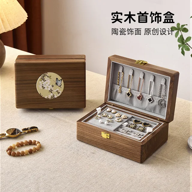 Solid wood jewelry storage box, high-end ceramic luxury lockable box for rings and earrings