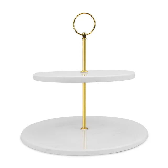 Two tiers white marble cake stand with rose gold color metal handle，marble craft
