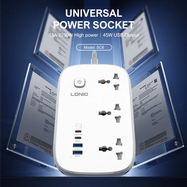 LDNIO SC6 3250W 3-Outlet Universal Power Strip with UK Plug, USB-A & USB-C Ports