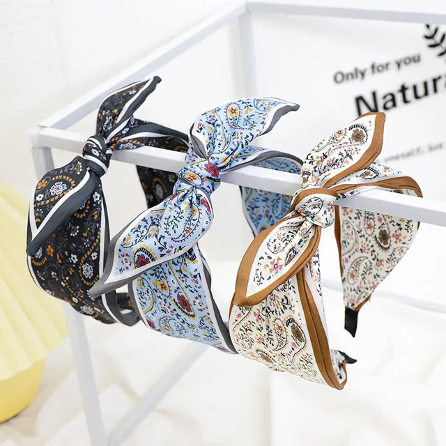 Korean Style Printed Fabric Wide Headband with Bow, Fashion Geometric Hair Hoop for Women