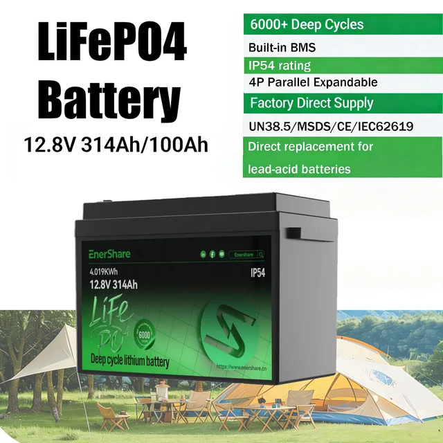 EnerShare 12V 314Ah 4KWh Large Capacity LFP Lithium Battery —Lead-Acid Replacement Solution