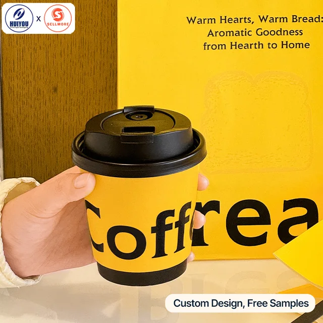 HUIYOU Paper Coffee Cups with Lids Custom Logo Thickened Disposable Takeaway Milk Tea Paper Cups