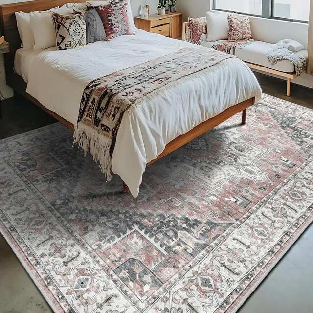 Jacquard and printed faux rabbit fur area rug