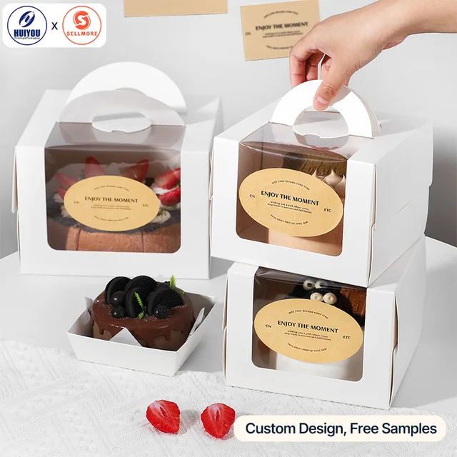 HUIYOU 4/6-Inch Portable Birthday Cake Box with Window Baking Western Pastry Takeaway Paper Gift Box