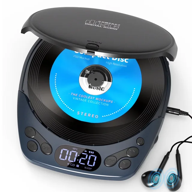 Portable CD Player with Headphones, Rechargeable CD Player for Car & Home Top-Loading CD Playback